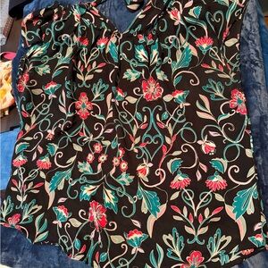 LC Lauren Conrad Black Floral V-Neck Sleeveless Top with Teal & Coral Accents